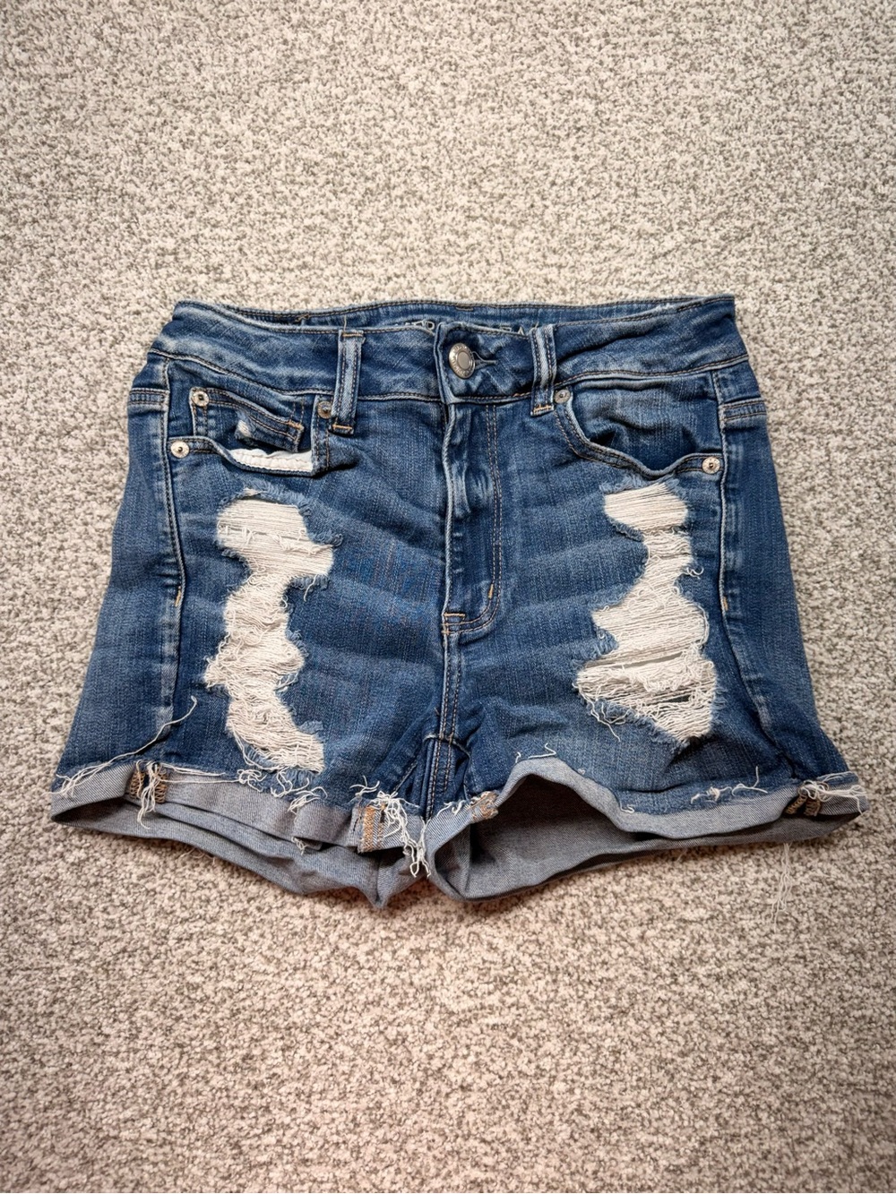 Women's American Eagle Dark Blue Distressed Hi-Rise Shortie Denim Shorts Size 6